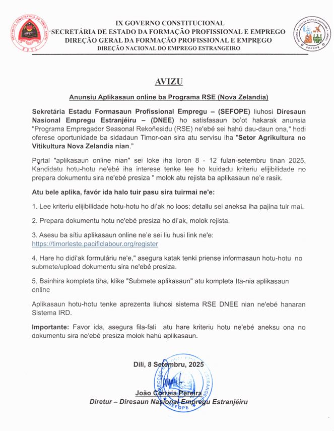 Avizu - Anunsiu Aplikasaun online ba Programa RSE (Nova Zelandia)